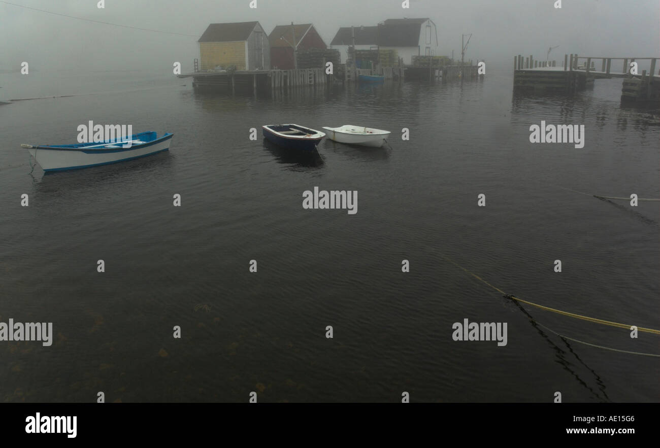 The tiny harbour of Blue Rocks near Halifax Nova Scotia in the fog ...