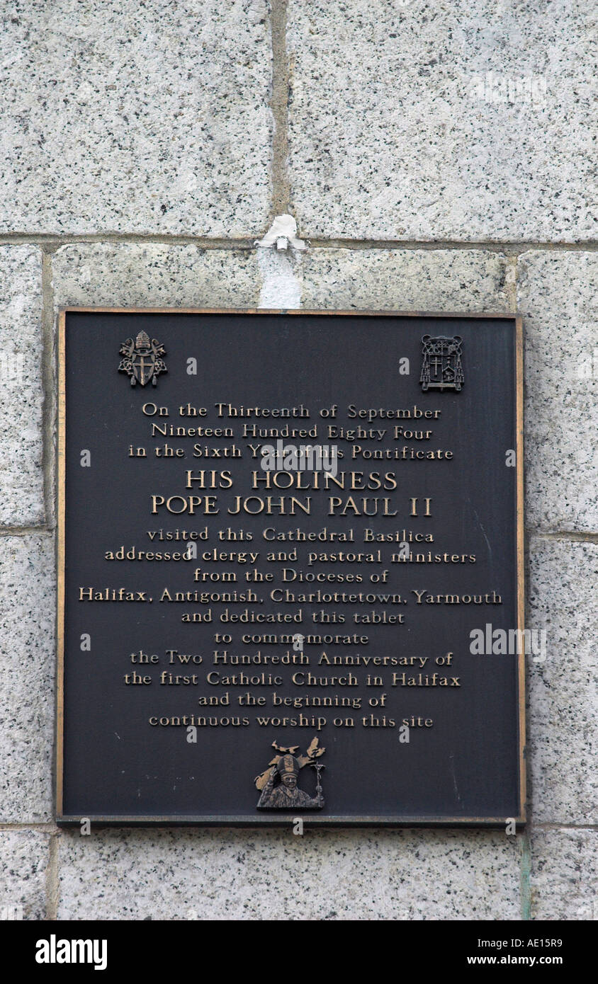A plaque on the wall of the First Catholic Church of Halifax commemorating the visit of Pope John Paul II Stock Photo