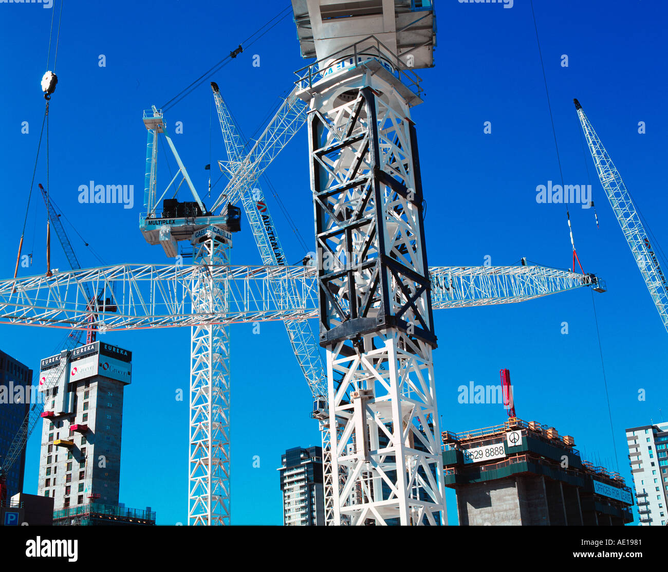 Skyline full of highrise construction cranes Southbank Melbourne