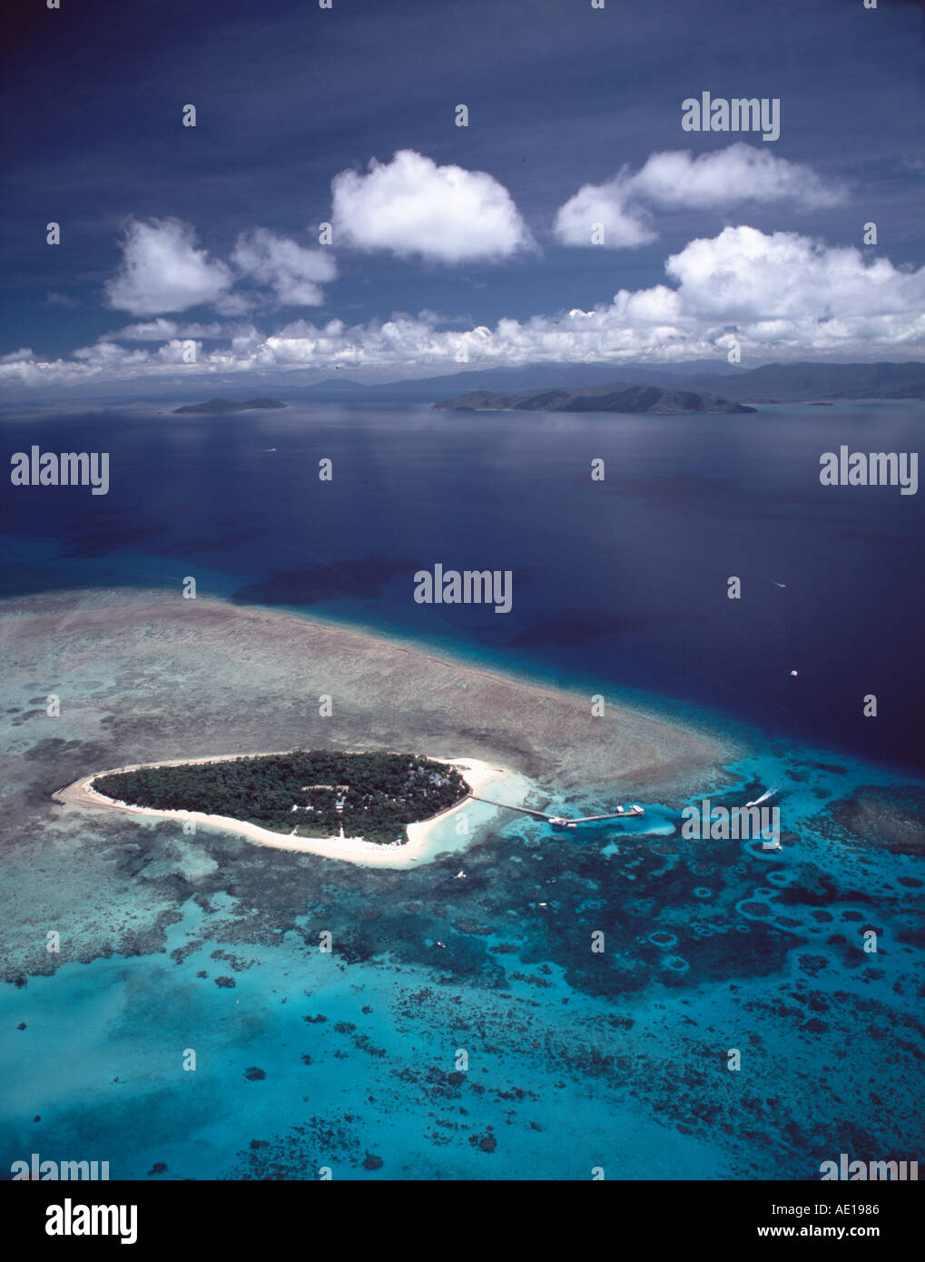 Aerial of a vegetated coral sand cay the resort Island Green Island on ...