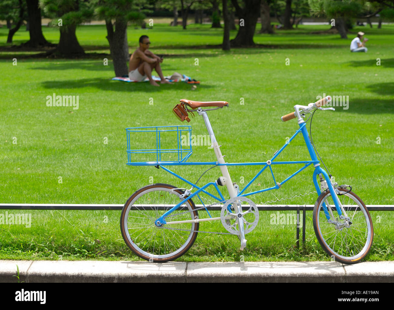 A blue bicycle and people relaxing in the shade of the Imperial palace outer garden, Tokyo JP Stock Photo