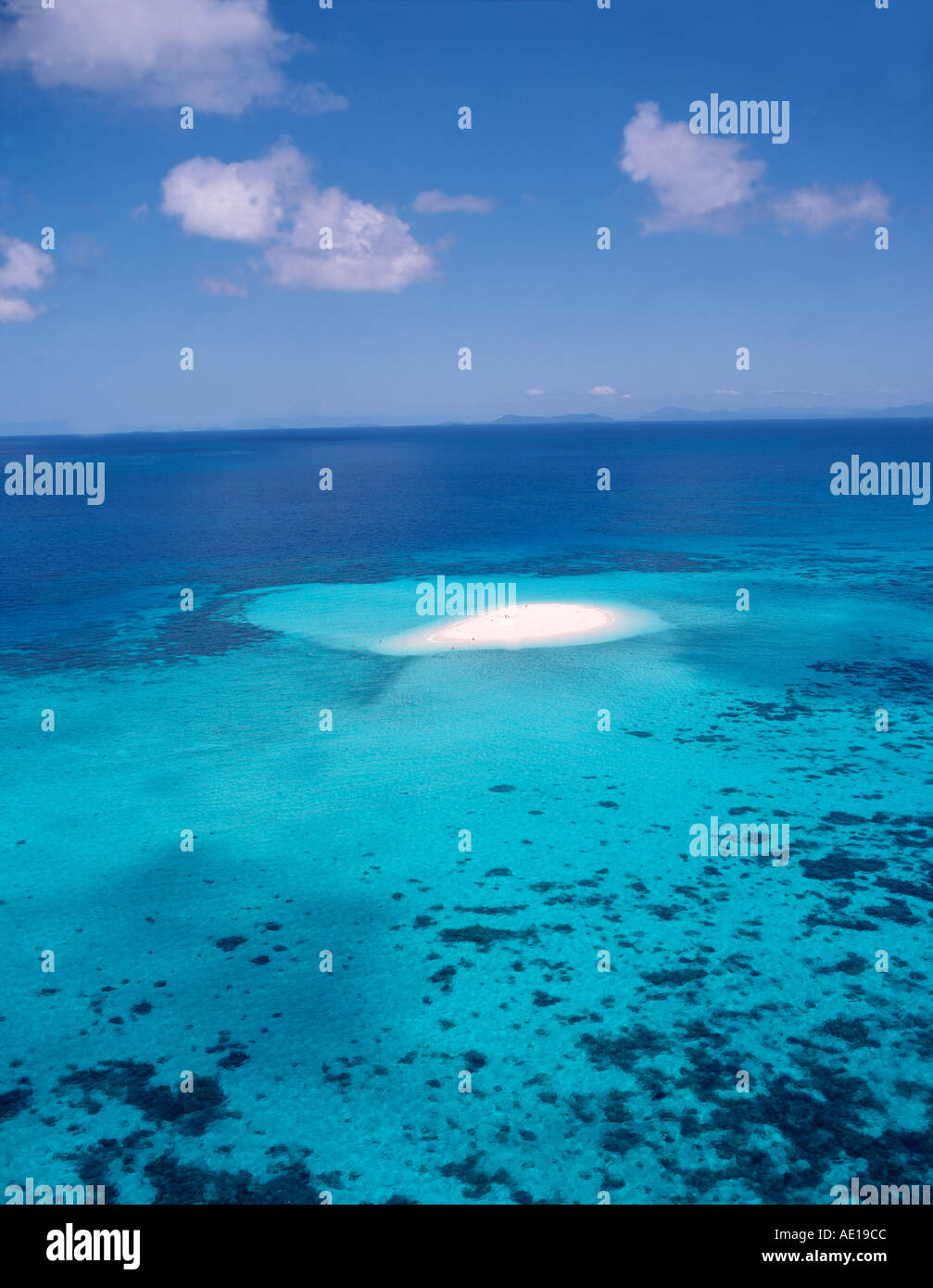 Aerial of coral sand cay island on Great Barrier Reef Queensland