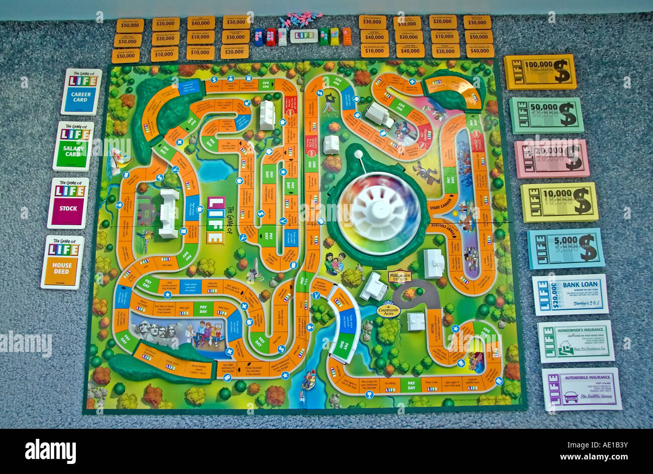 The Game of Life by Milton Bradley. The game board & all its