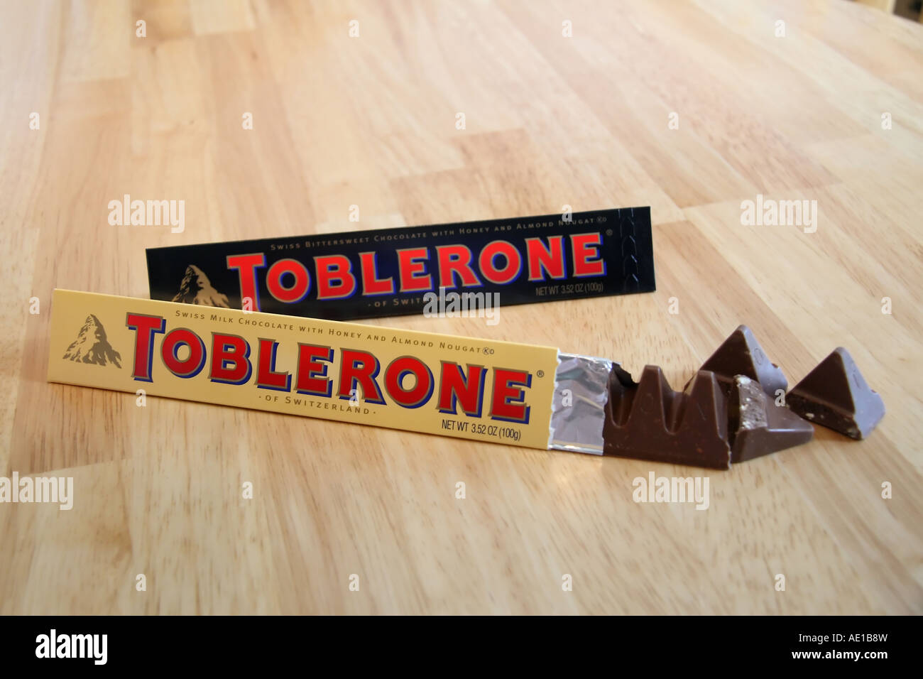 A swiss import, here in the United States, Toblerone chocolate candy bars. Stock Photo