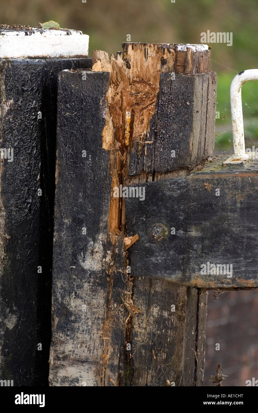 Damaged lock gate after it was hit by a canal narrowboat Stock Photo