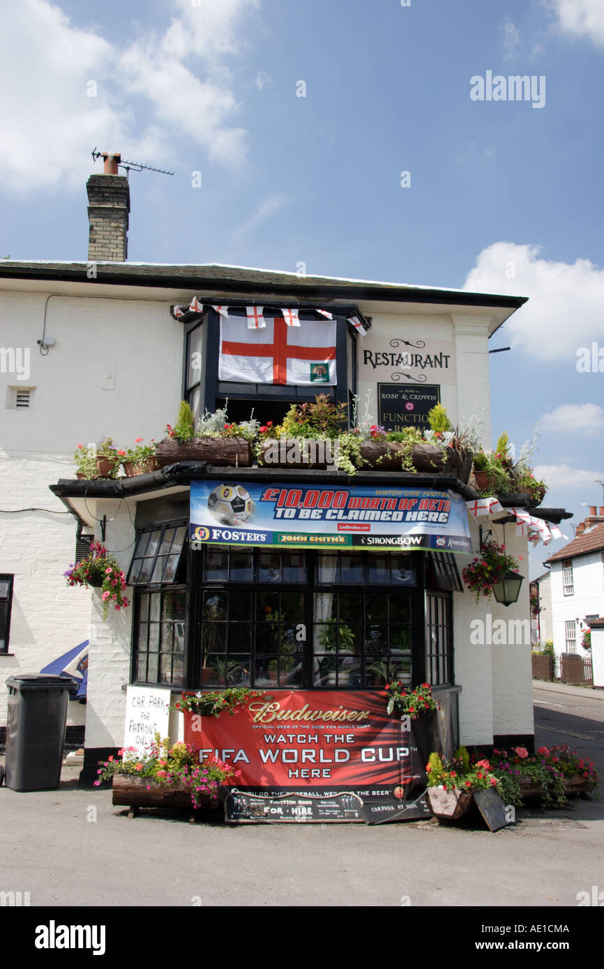 Pub decorated with flags and football signs Stock Photo Alamy
