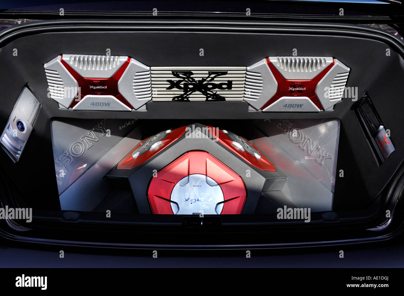 Powerful auto audio system Sony Xplod in a boot of a car Stock Photo