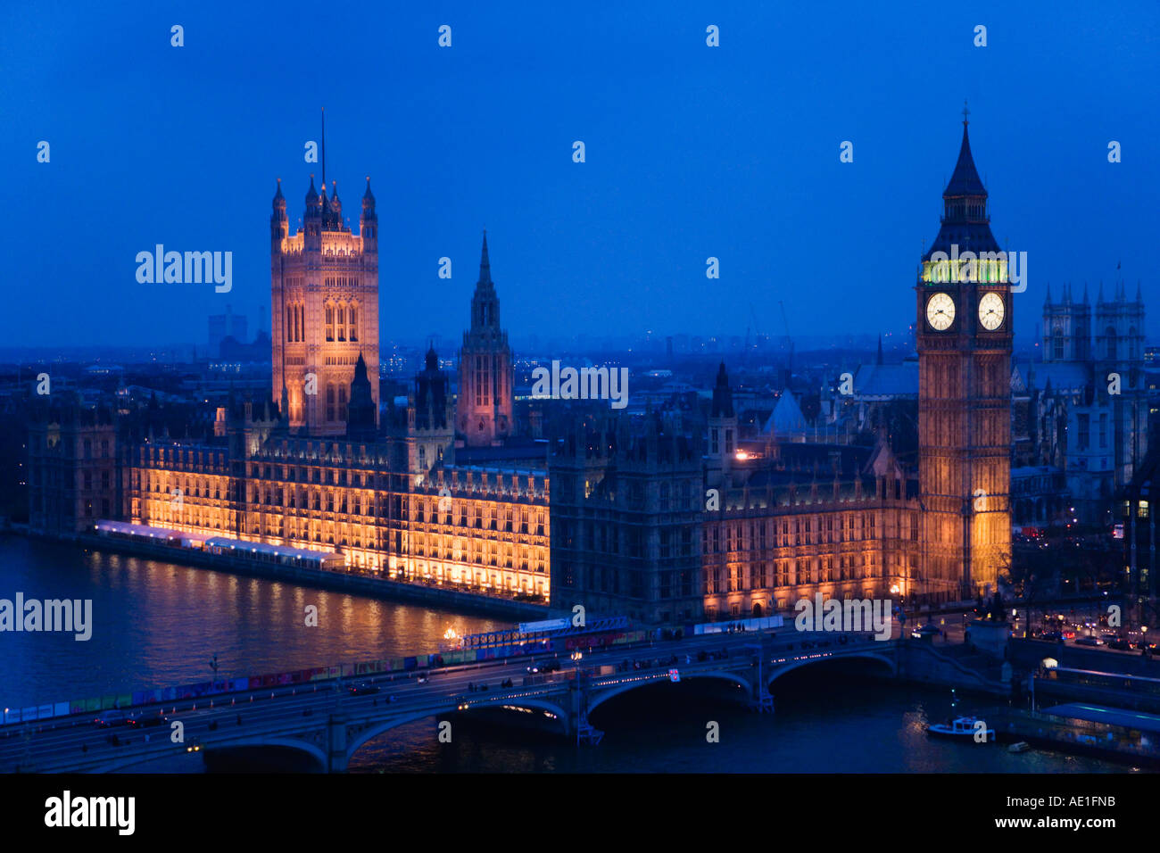 Houses of Parliament and Big Ben seen from the British Airways London Eye at night Stock Photo