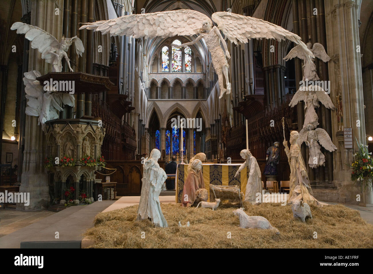 Papier Mache creche or crib designed by local artist Peter Rush at the Salisbury Cathedral Stock Photo