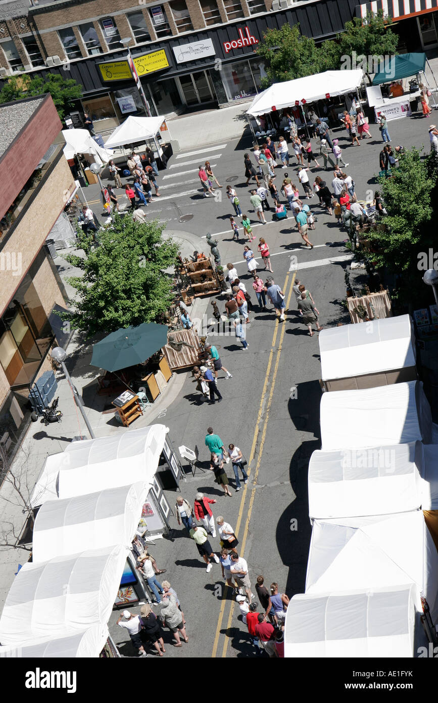 Ann Arbor Michigan,Maynard Street,Art Fairs,aerial overhead view from