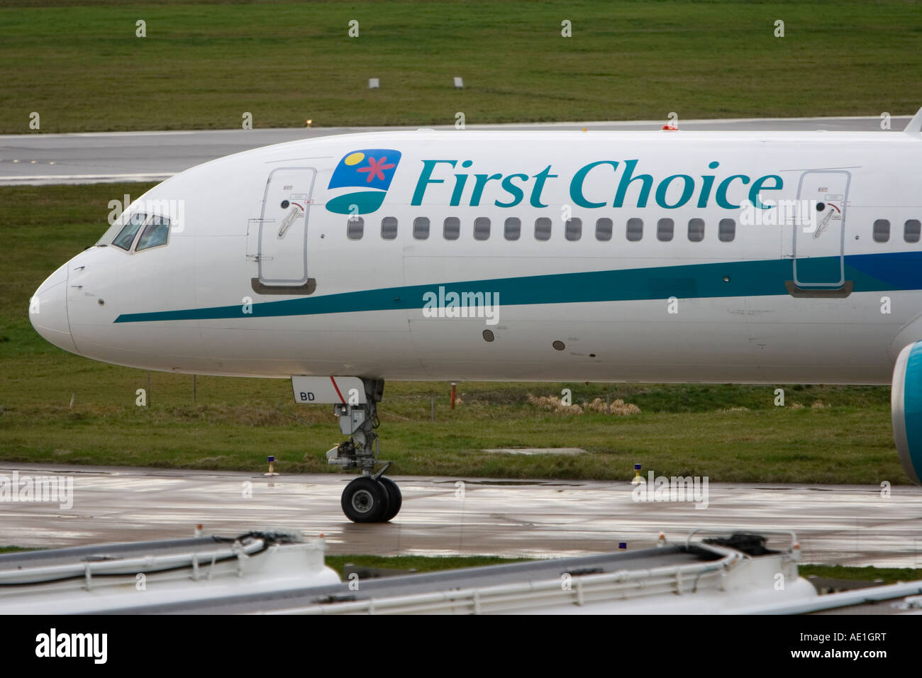 Aeroplane commercial passenger civil aviation First Choice Boeing 757 at Birmingham airport Stock Photo