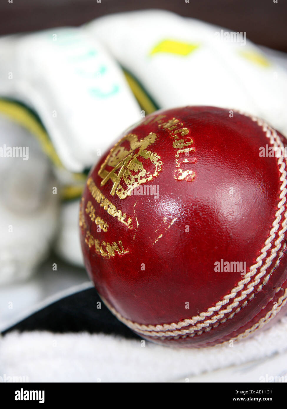 Red cricket ball and batsman gloves Stock Photo Alamy