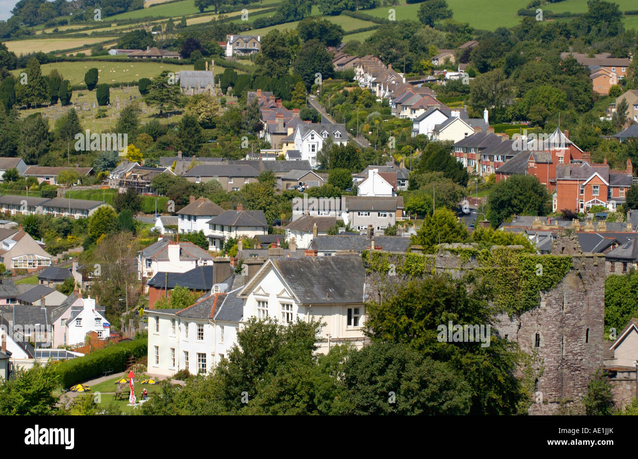 View over the suburbs of Brecon Powys Wales UK GB EU Castle Hotel in foreground Stock Photo