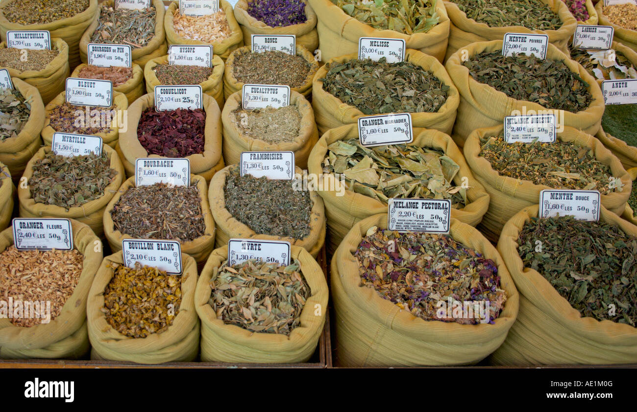 A selection of herbs and spices for sale on a typical French market in