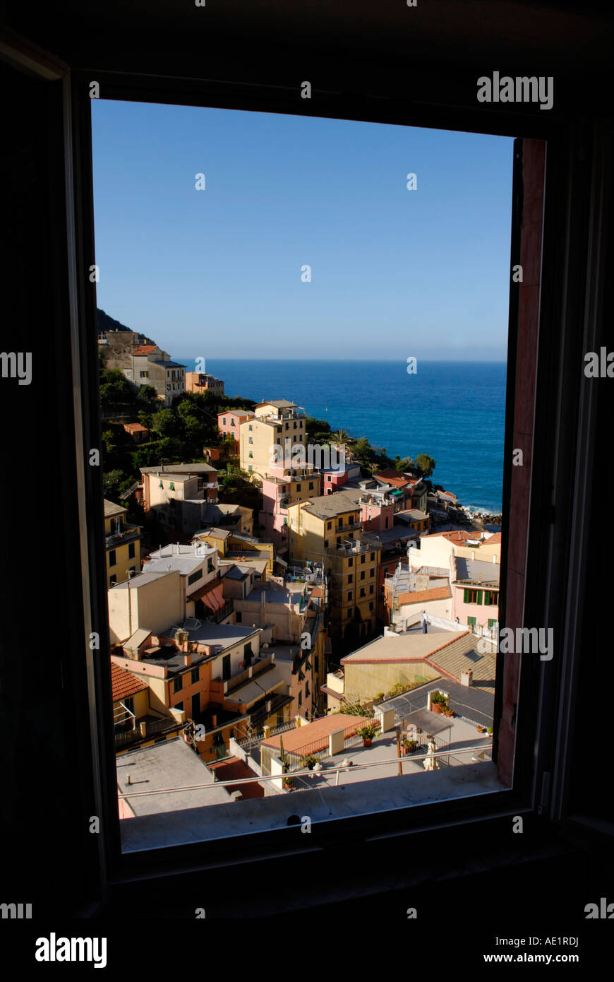 Riomaggiore, Cinque Terre, morning light, seen through an apartment window Stock Photo