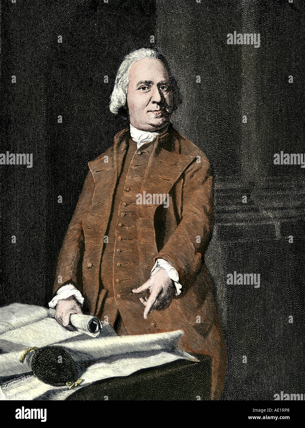 Samuel Adams a leader of the Sons of Liberty in Massachusetts before the Revolutionary War. Hand-colored woodcut Stock Photo