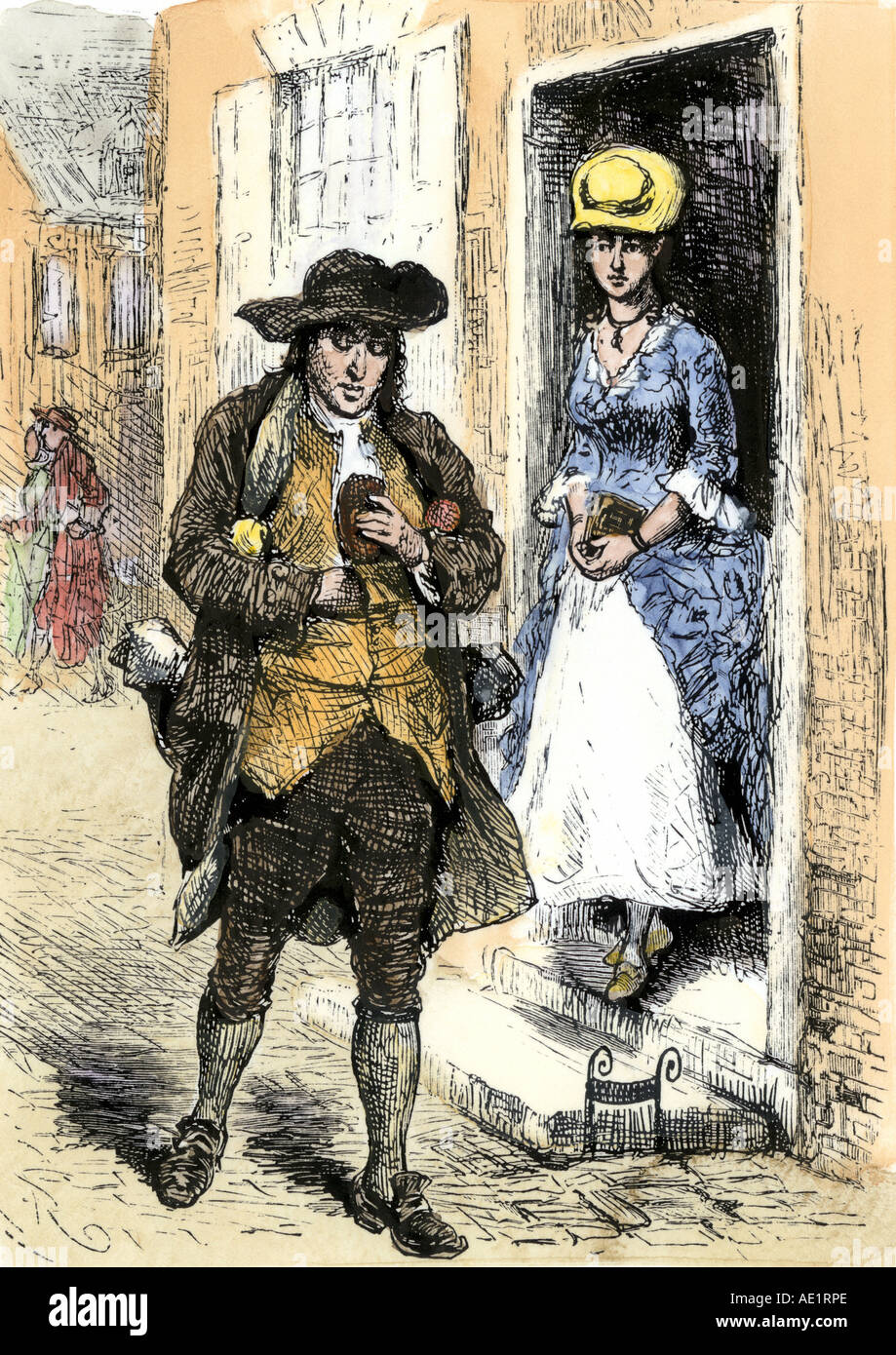 Benjamin Franklin arriving in Philadelphia as a young man looking for work 1700s. Hand-colored woodcut Stock Photo