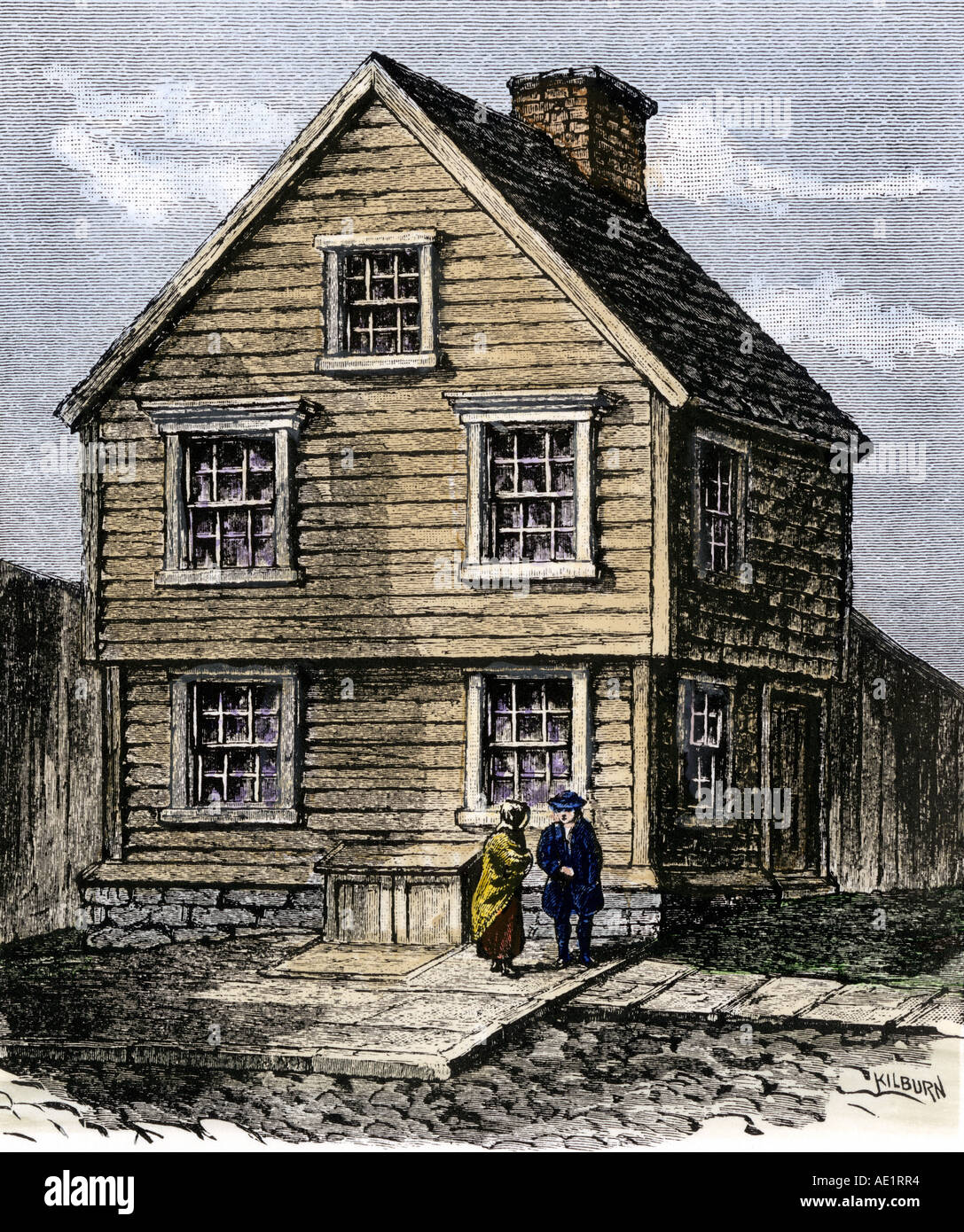 Birthplace of Benjamin Franklin in Boston Massachusetts 1706. Hand-colored woodcut Stock Photo