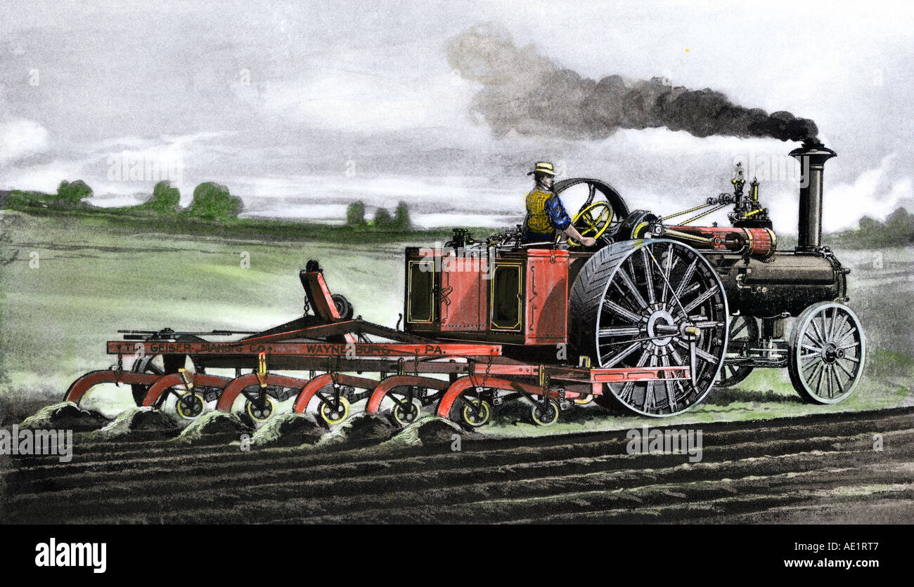 Farmer using a steam plow in the Dakotas 1890s. Hand-colored halftone of an illustration Stock Photo