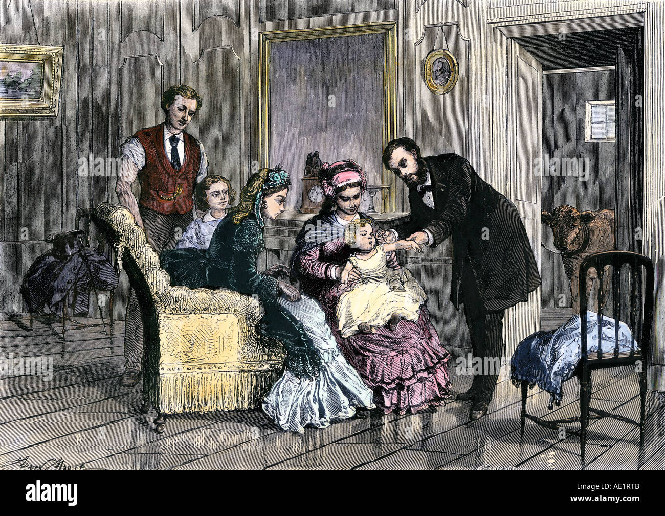 Vaccination using live virus from a calf in a physician's office during smallpox panic 1870s. Hand-colored woodcut Stock Photo