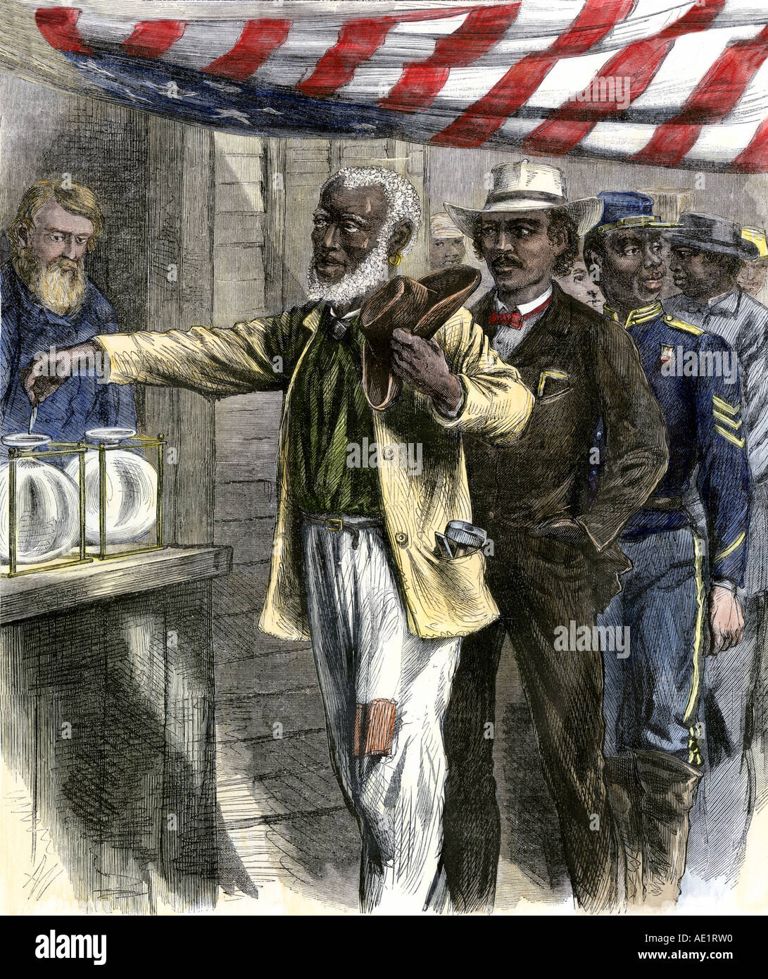 First vote by African-American citizens 1867. Hand-colored woodcut Stock Photo