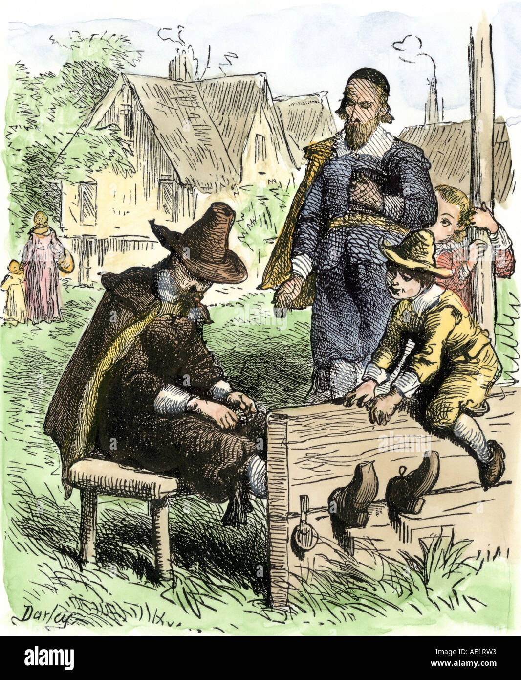Puritan offender in the stocks Massachusetts Bay Colony 1600s. Hand-colored woodcut Stock Photo