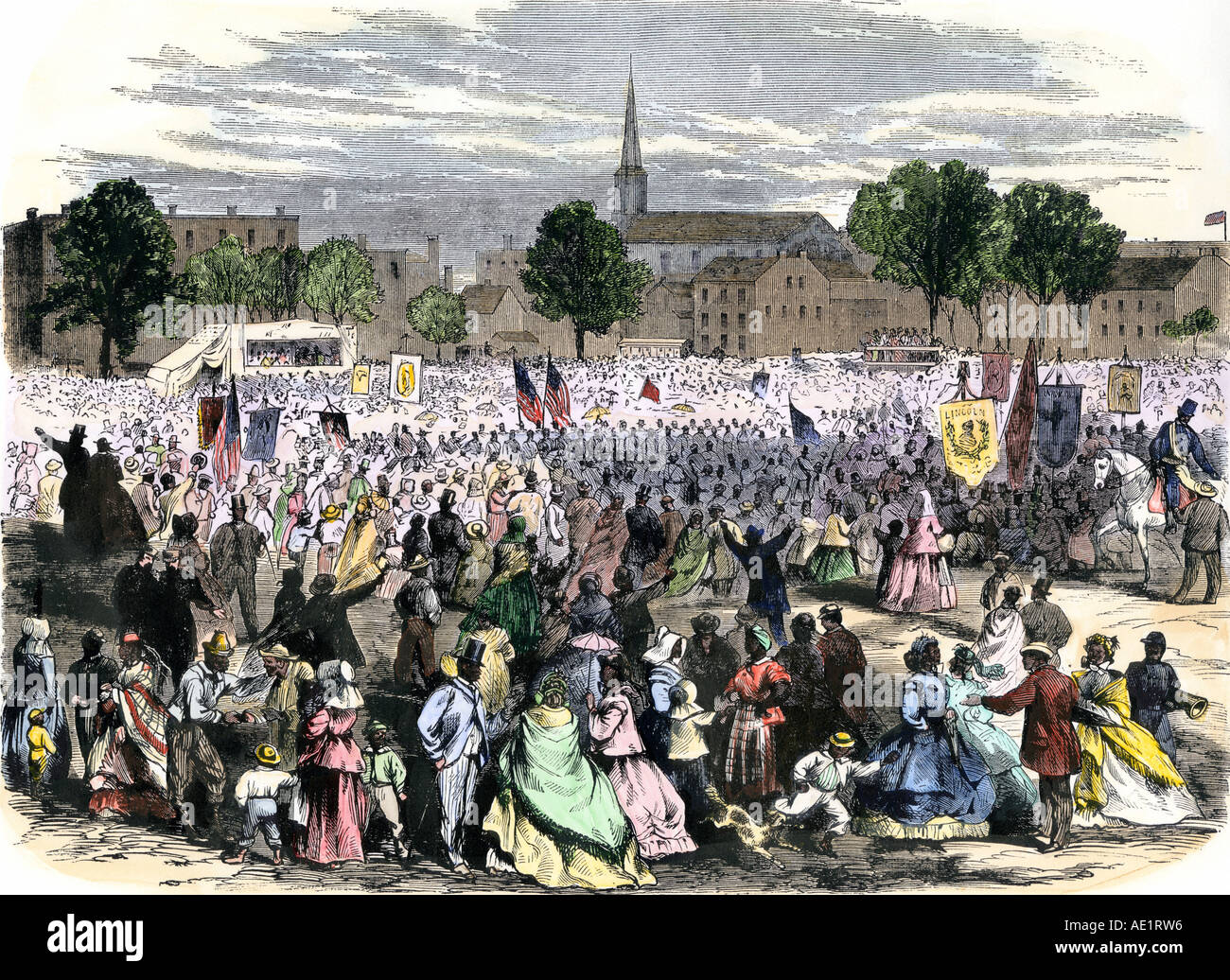 Celebration of the abolition of slavery in Washington DC 1865. Hand-colored woodcut Stock Photo