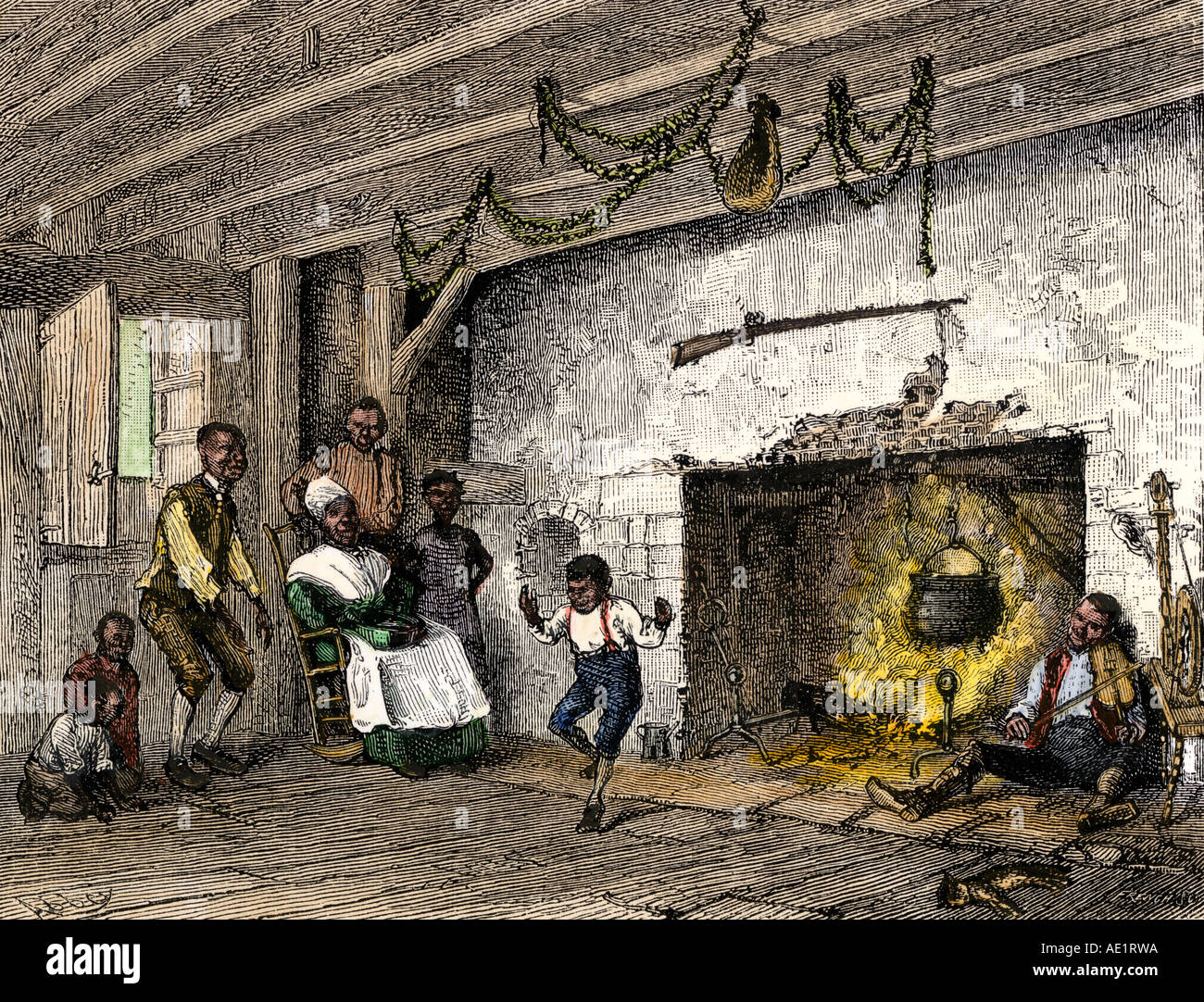 African-American slave family in their quarters in the cellar of the Knickerbocker mansion in New York 1700s. Hand-colored woodcut Stock Photo