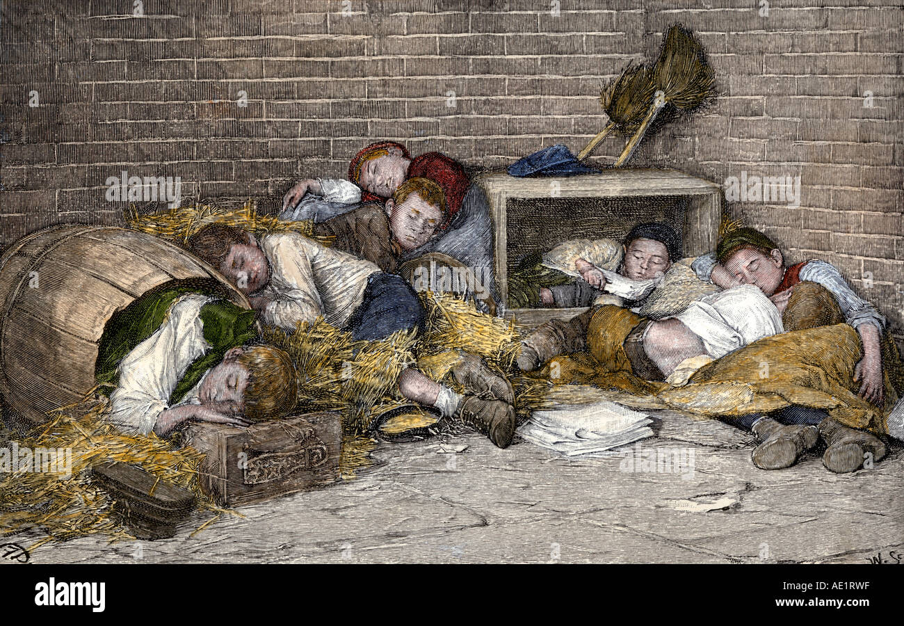 Homeless street boys sleeping in an alley in New York City 1890s. Hand-colored woodcut Stock Photo