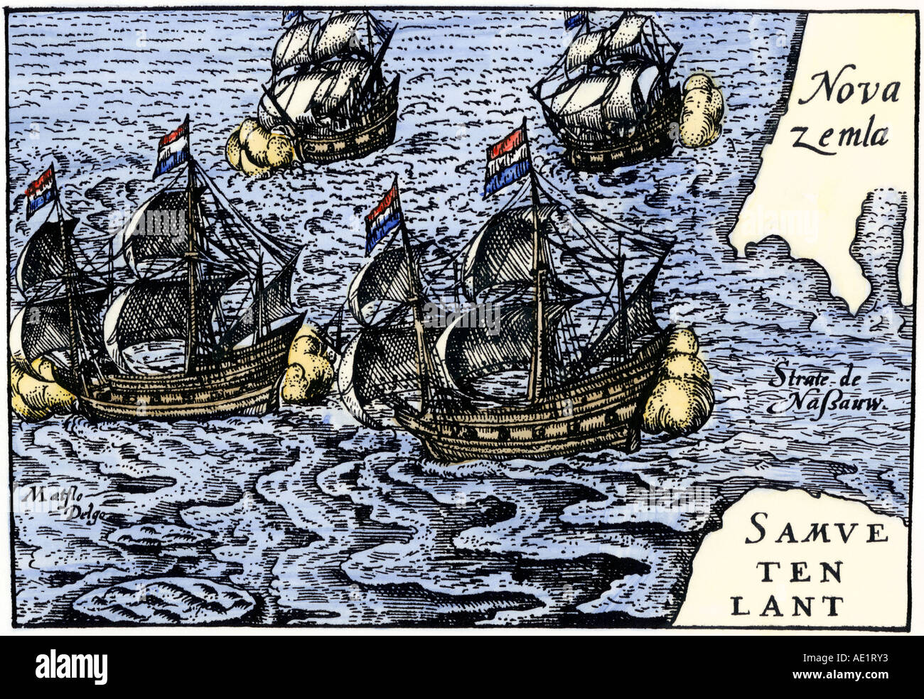 Dutch ships from the time of Henry Hudson searching for a Northeast Passage early 1600s. Hand-colored woodcut Stock Photo