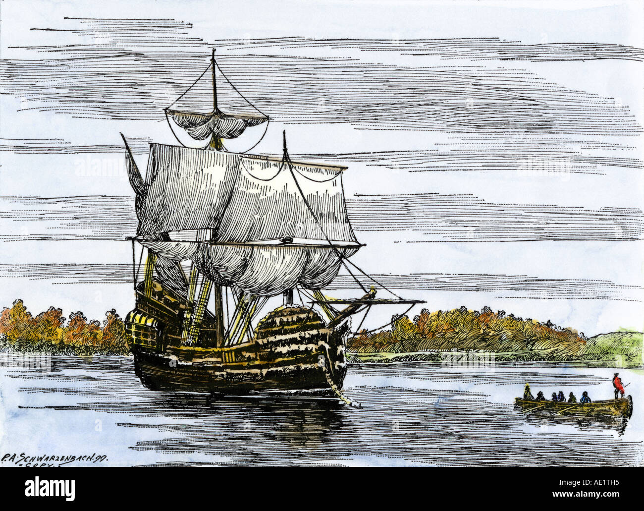 First landing party of Pilgrims from the Mayflower in Plymouth harbor 1620. Hand-colored woodcut Stock Photo