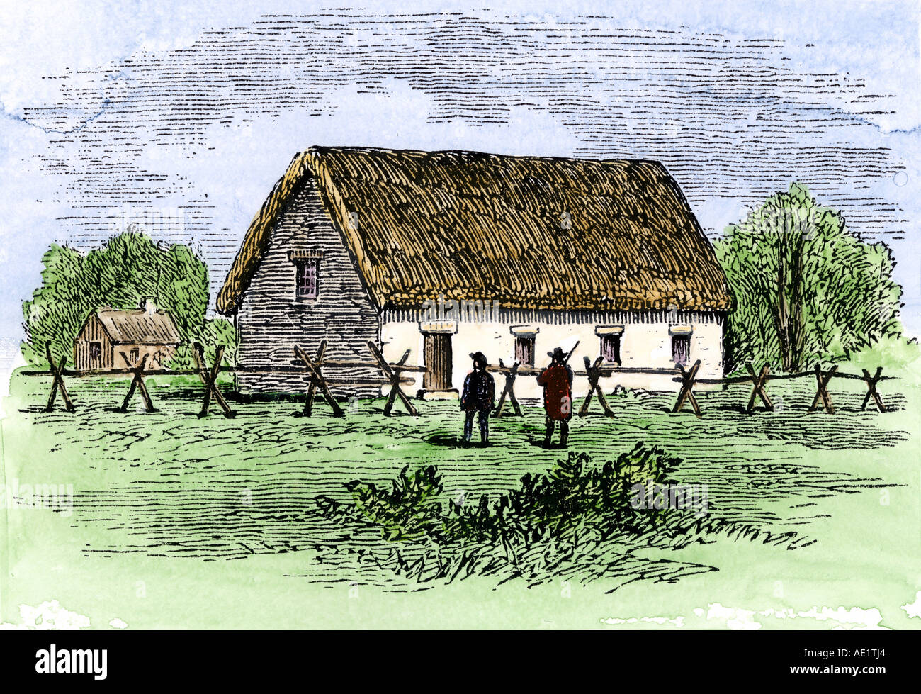 First meetinghouse in Boston Massachusetts Bay Colony 1630s. Hand-colored woodcut Stock Photo