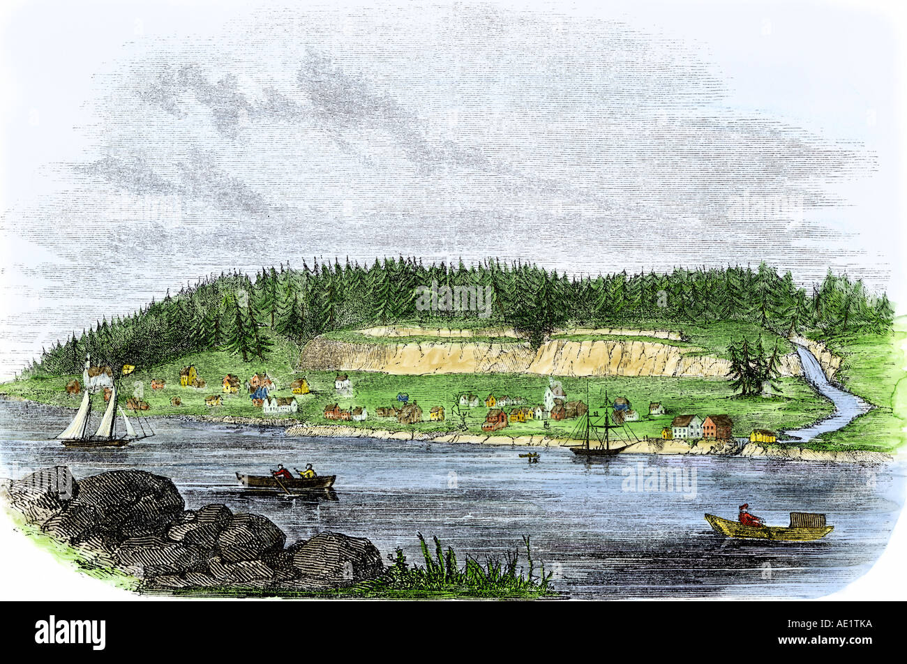 Oregon City the capital of Oregon Territory on the Willamette River 1850s. Hand-colored woodcut Stock Photo