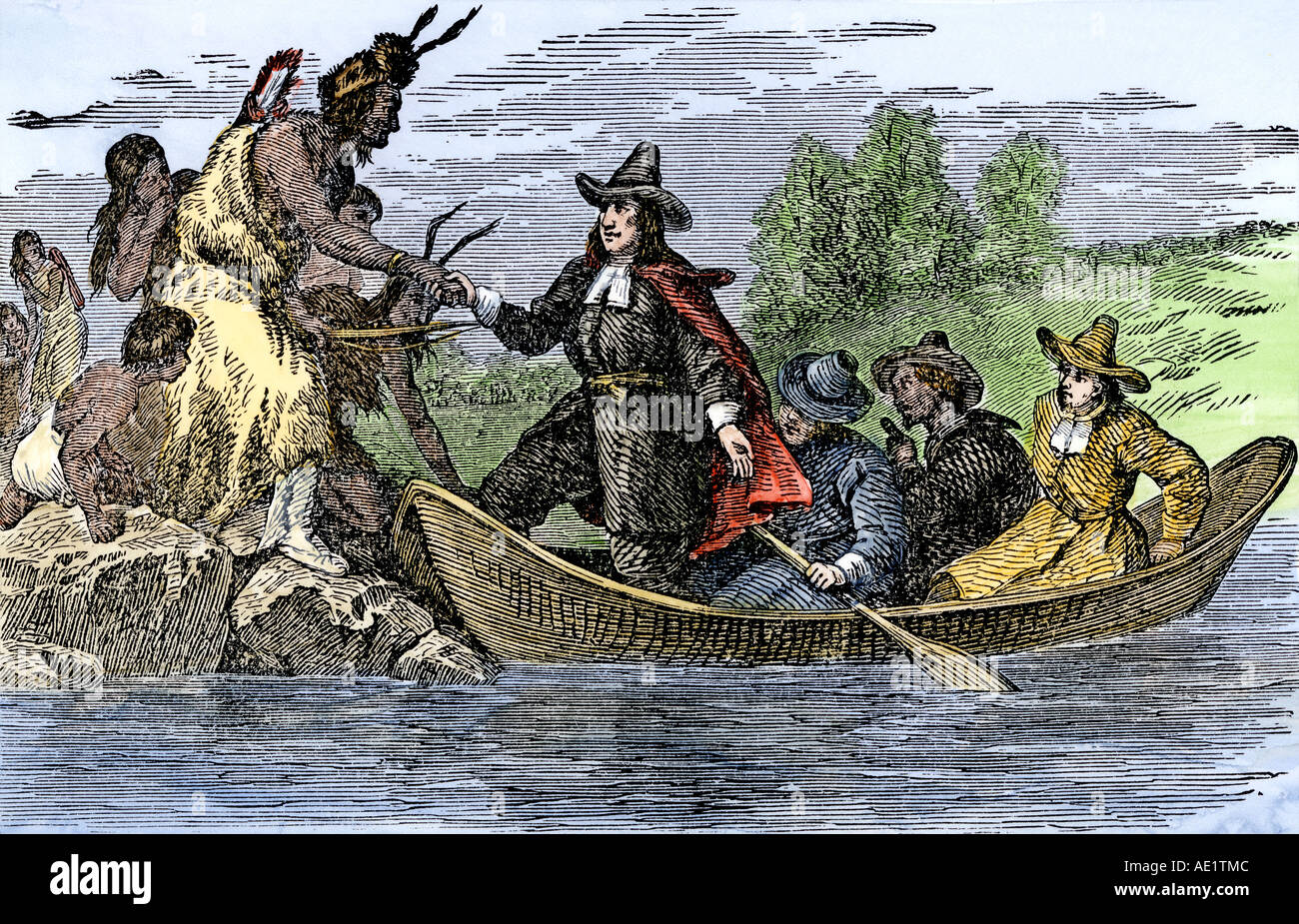 Landing of Roger Williams at Providence Rhode Island 1636. Hand-colored woodcut Stock Photo