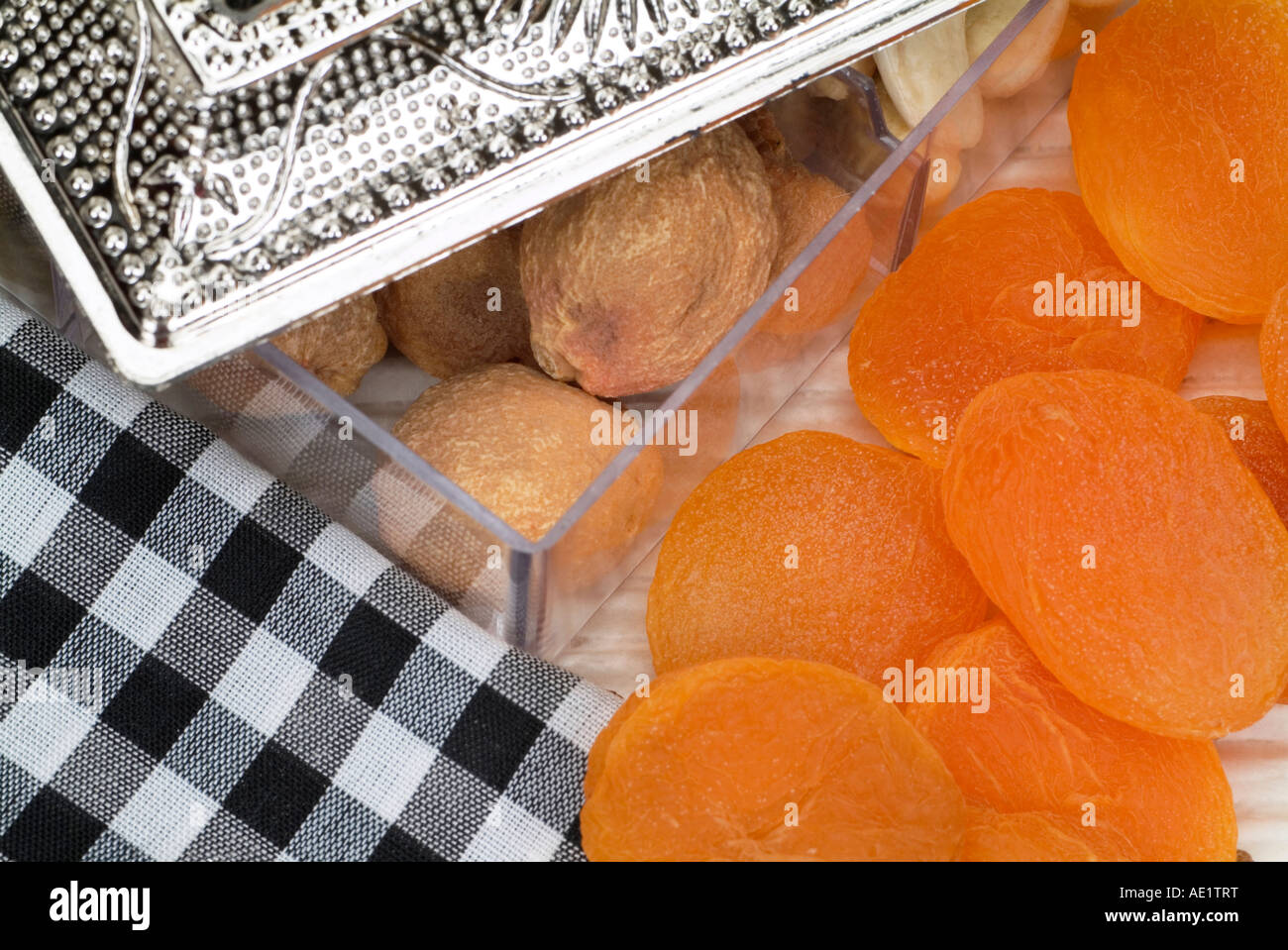 Close-up of apricots and dry fruit. Stock Photo