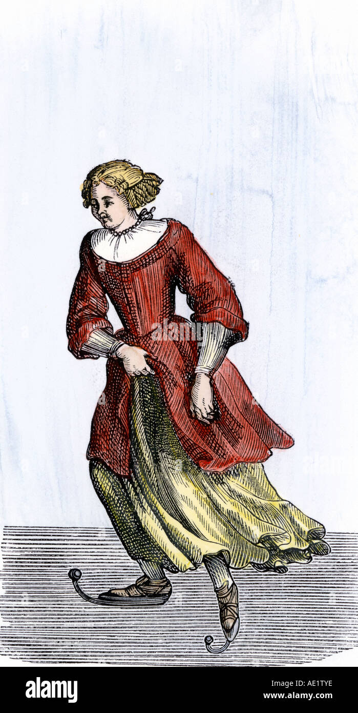 Dutch woman ice skating 1600s. Hand-colored woodcut Stock Photo
