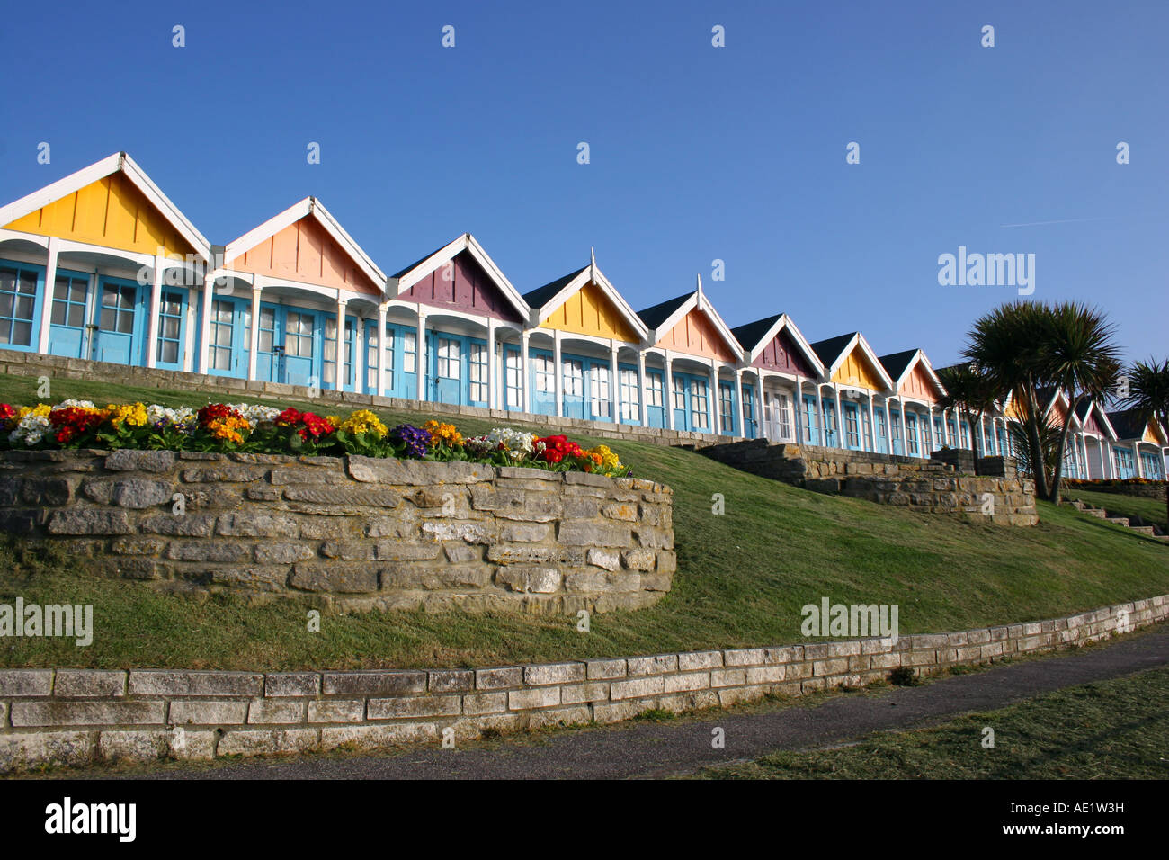 The beach huts in Greenhill Gardens in Weymouth, Dorset Stock Photo
