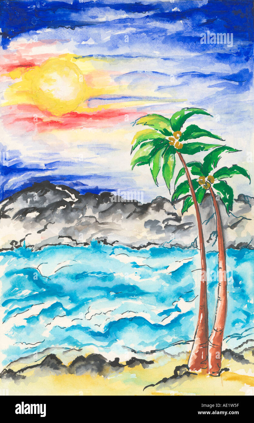 Ars71020 Painting Illustration Drawing Color Of Beach Sea Sun With