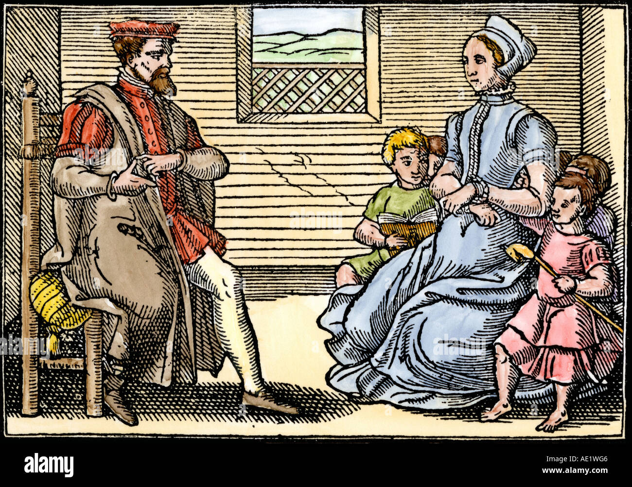 English Puritan family at home in the 1600s. Hand-colored woodcut Stock ...