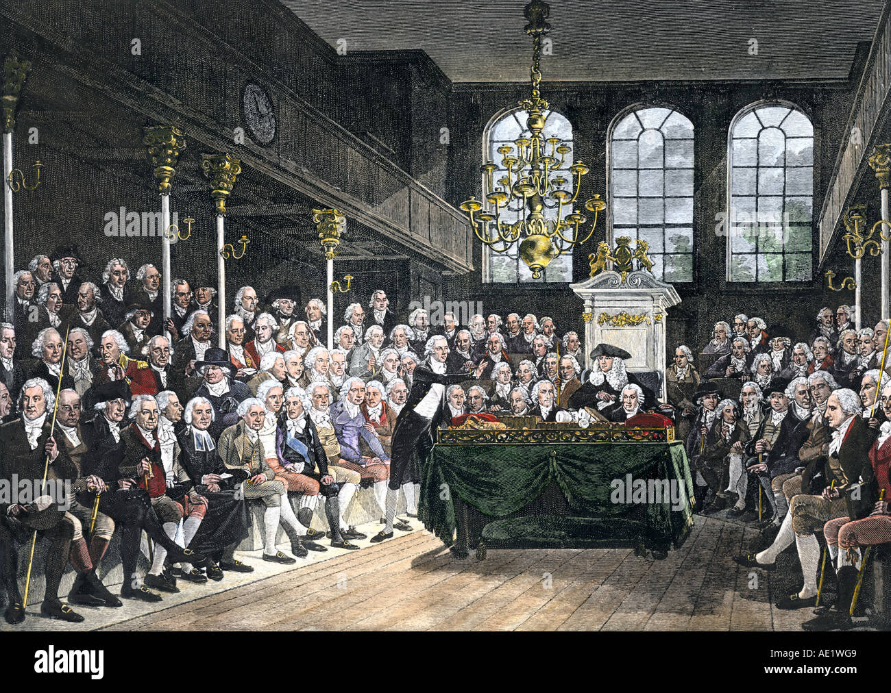 English House of Commons in 1793. Hand-colored woodcut Stock Photo