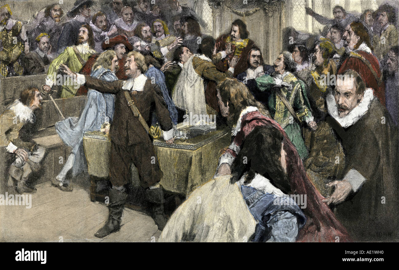 Oliver Cromwell making his first speech in Parliament March 2 1629. Hand-colored halftone of an illustration Stock Photo