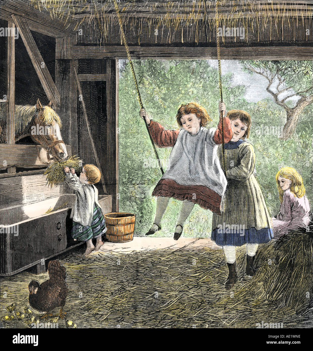 Farm children playing in the barn on a bright spring morning. Hand-colored woodcut Stock Photo