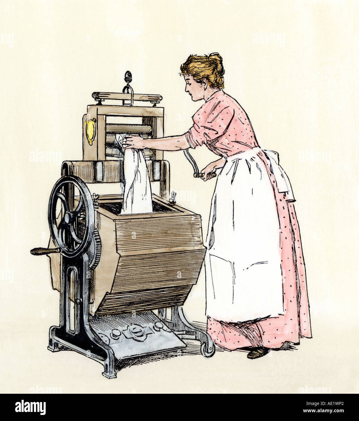 Woman using the new Bradford Vowel washing machine with an Acorn wringer circa 1900. Hand-colored woodcut Stock Photo