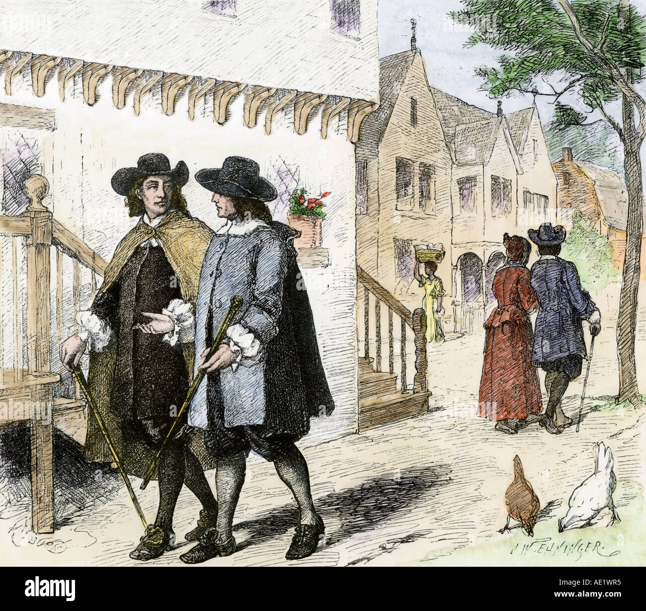 colonists-in-a-puritan-town-in-new-england-in-the-late-1600s-stock