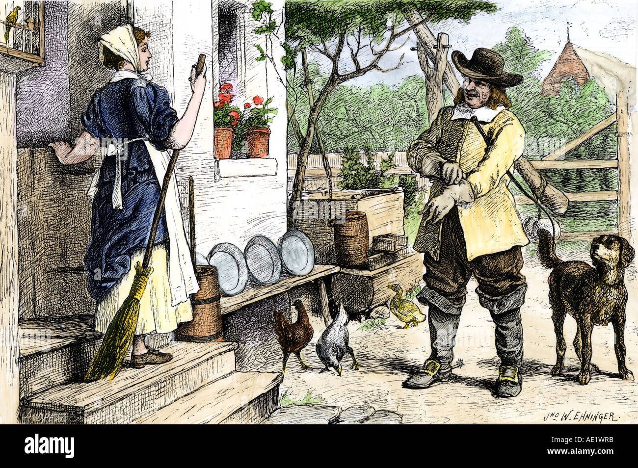 New England colonial couple in a dooryard 1600s. Hand-colored woodcut Stock Photo