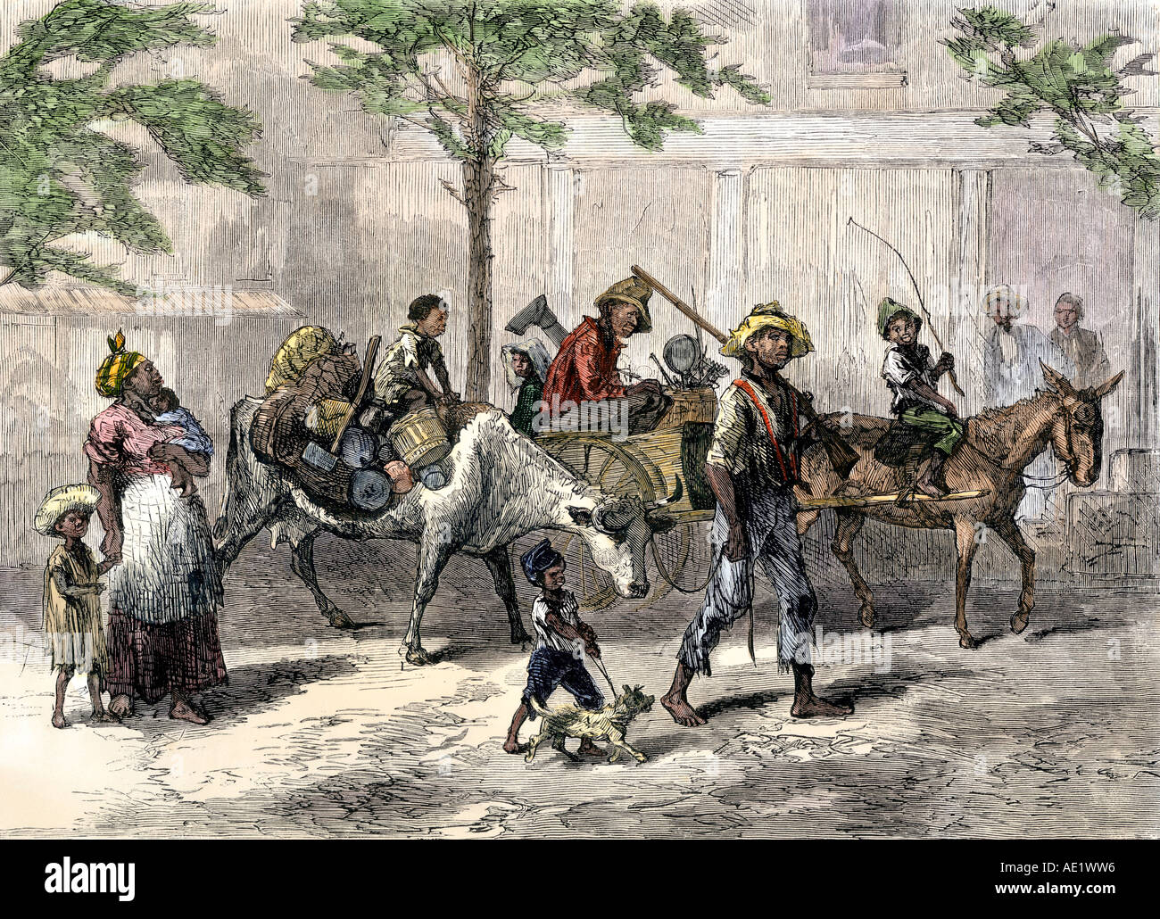 Former slave families migrating to Kansas to escape a yellow fever outbreak in South 1870s. Hand-colored woodcut Stock Photo