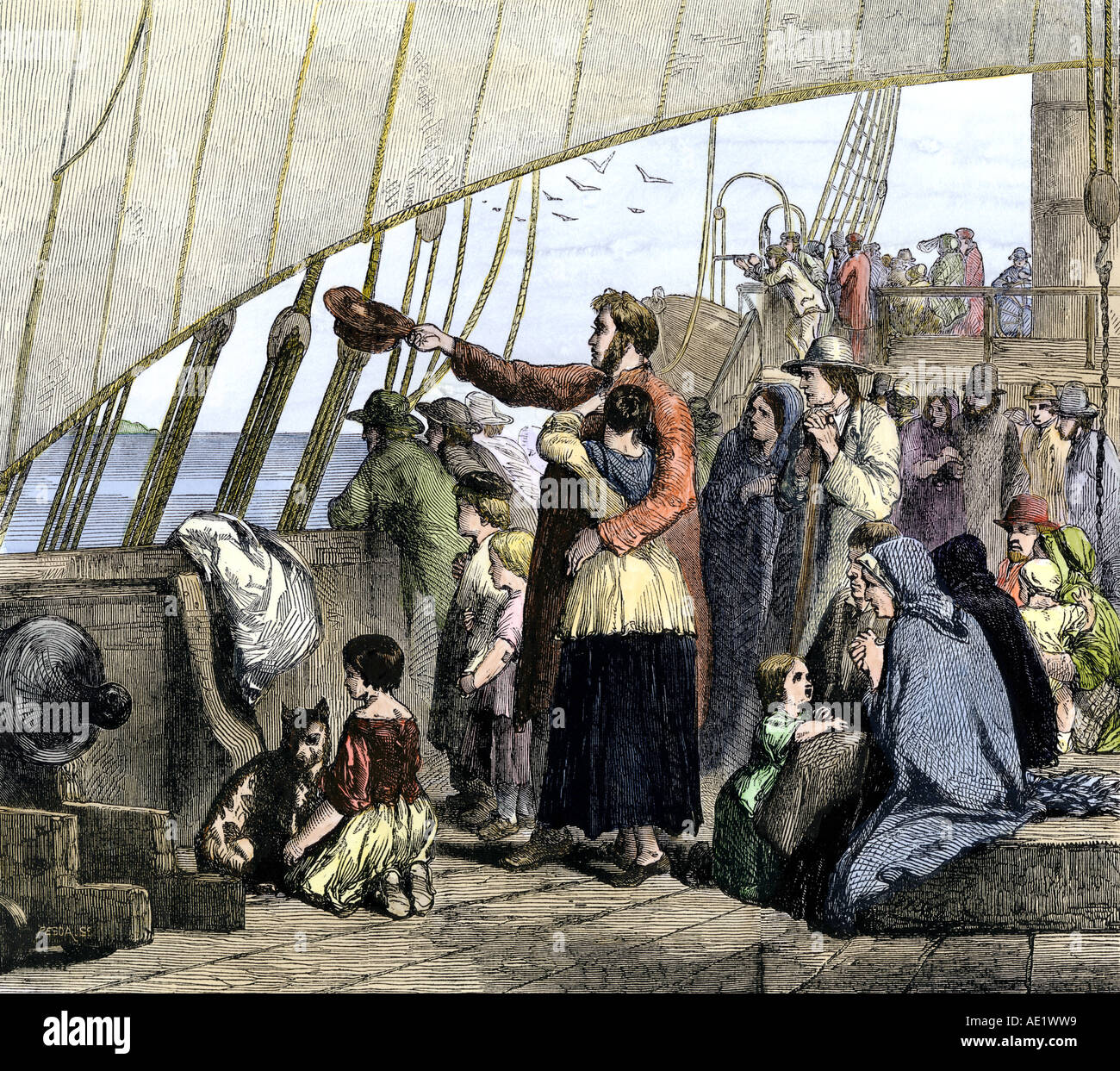 Emigrants leaving Europe on a sailing-ship bound for America in the mid 1800s. Hand-colored woodcut Stock Photo