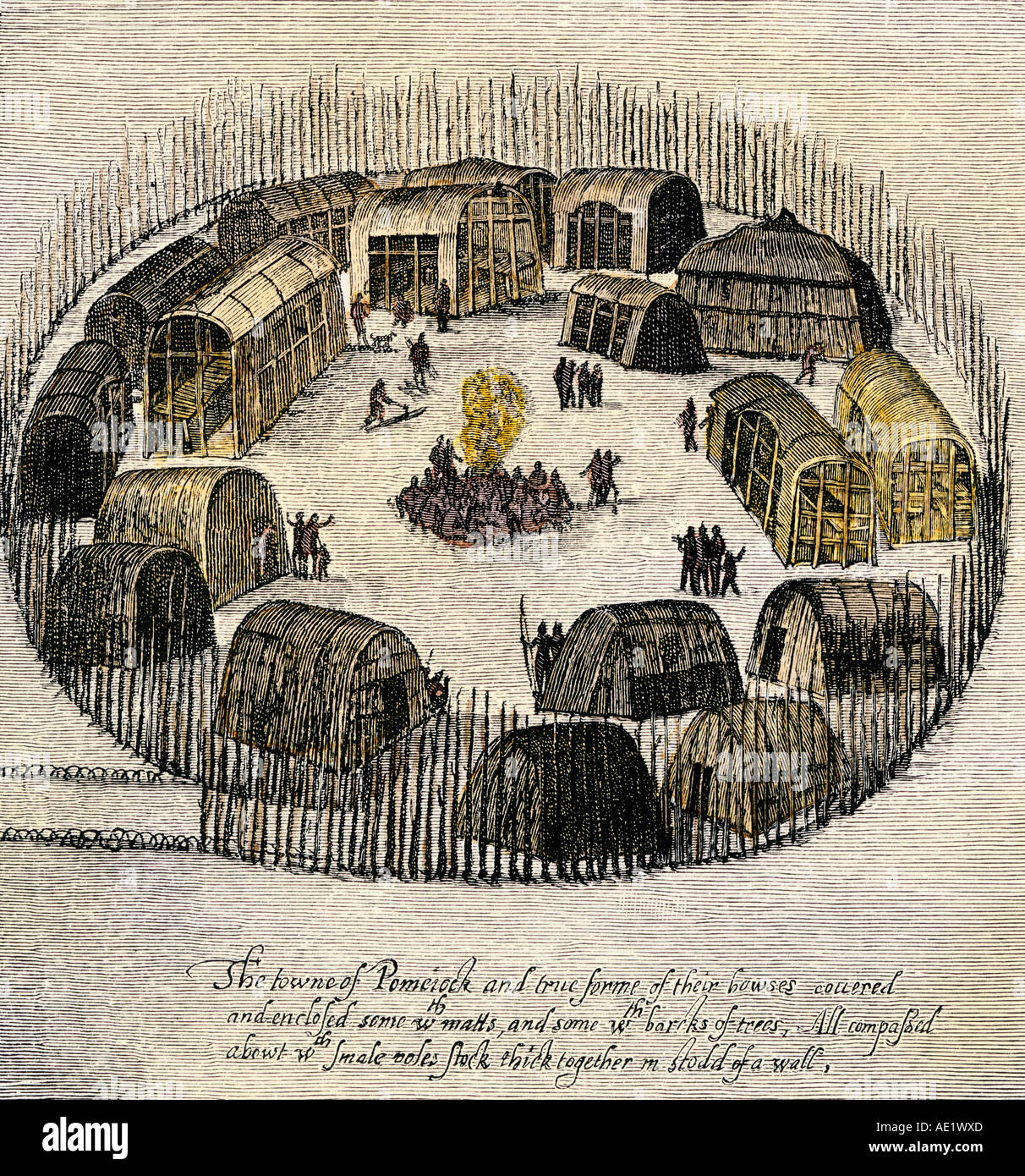 Pomelock a Native American village enclosed with palisades Roanoke Colony 1585. Hand-colored woodcut of a John White illustration Stock Photo