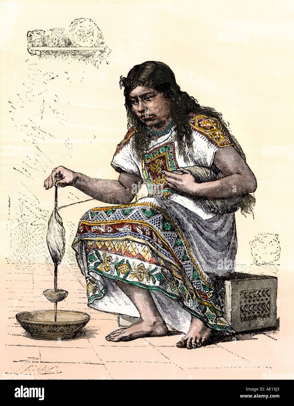 Native woman spinning cotton in Mexico. Hand-colored woodcut Stock Photo