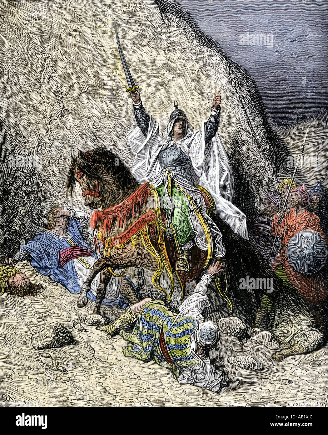 Saladin commander of Muslim forces against Christians in the Third Crusade 1100s. Hand-colored woodcut of a Gustave Dore illustration Stock Photo